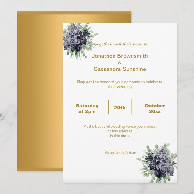INVITATION ÉLÉGANT SIMPLE OR BLEU BLOSSOM MARIAGE (Devant / Derrière)