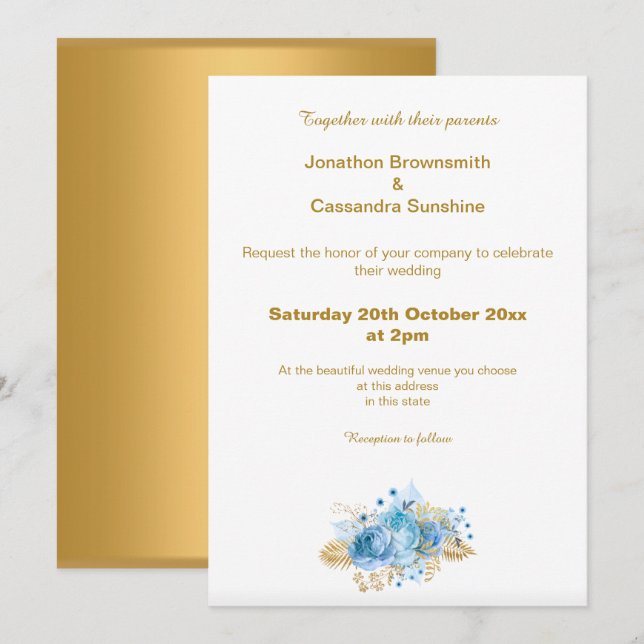 INVITATION ÉLÉGANT SIMPLE OR BLEU FLORAL OR MARIAGE (Devant / Derrière)
