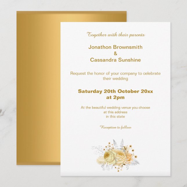 INVITATION ÉLÉGANT SIMPLE OR FLORAL SIMPLE MARIAGE (Devant / Derrière)