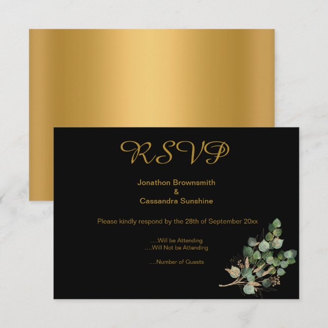 INVITATION ÉLÉGANT SIMPLE OR NATUREL OR NOIR RSVP  (Devant / Derrière)