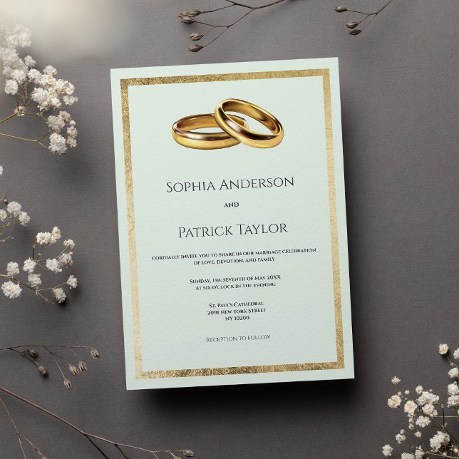 Invitation Élégant simple pastel vert anneaux d'or Mariage (Elegant simple pastel green gold rings Wedding)