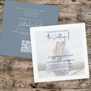 Invitation Elégant simple photo Dusty bleu QR Code RSVP
