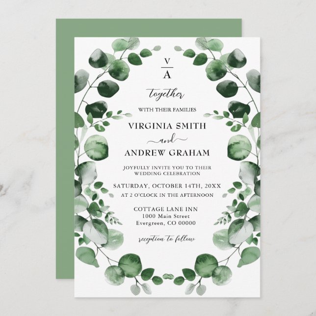 Invitation Elégant simple Rustique Eucalyptus Mariage de verd (Devant / Derrière)