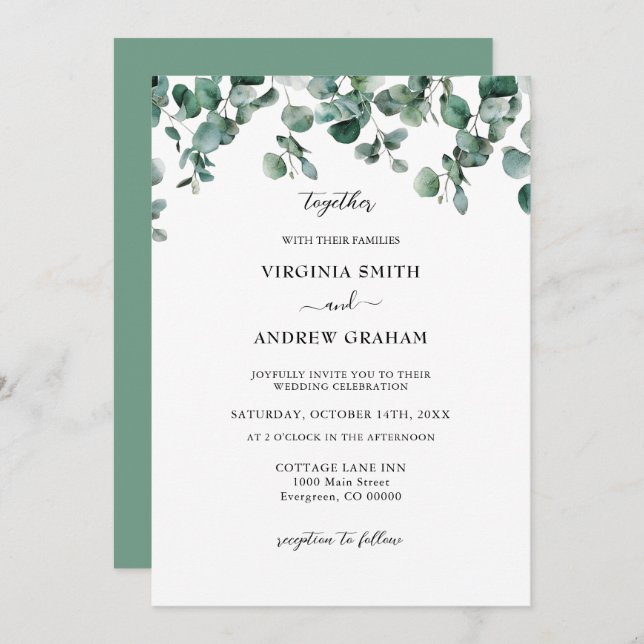 Invitation Elégant simple Rustique Eucalyptus Mariage de verd (Devant / Derrière)