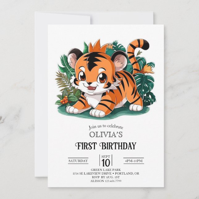 Invitation Élégant simple Tigre 1er Anniversaire numérique (Devant)