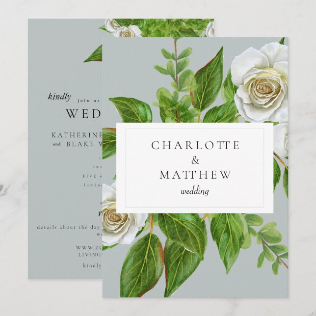 Invitation Élégant Site Web de Mariage aux Roses Blanches (Devant / Derrière)