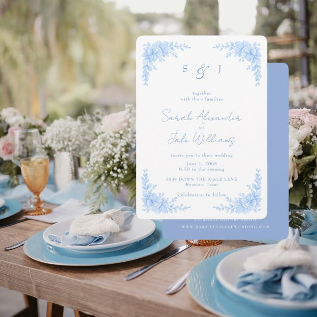 Invitation Élégant site web de mariage floral bleu arrondi (Créateur téléchargé)