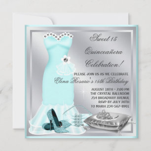 Invitation Elégant Sivler et Turquoise Blue Quinceanera