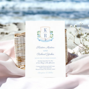 Invitation Elégant Sky Blue Côte Monogram Crest Mariage