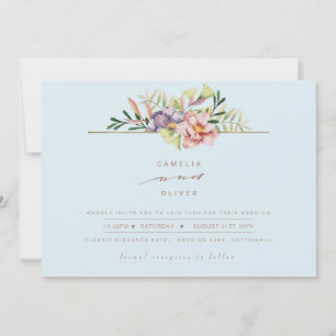 Invitation Elégant Sky Blue Summer Floral Wedding Inviter QR