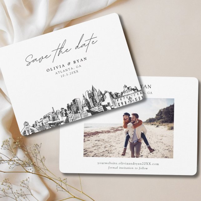 Invitation Elégant Skyline Modern Atlanta Enregistrer la date (Atlanta save the date skyline sketch with engagement photo and space for wedding website)