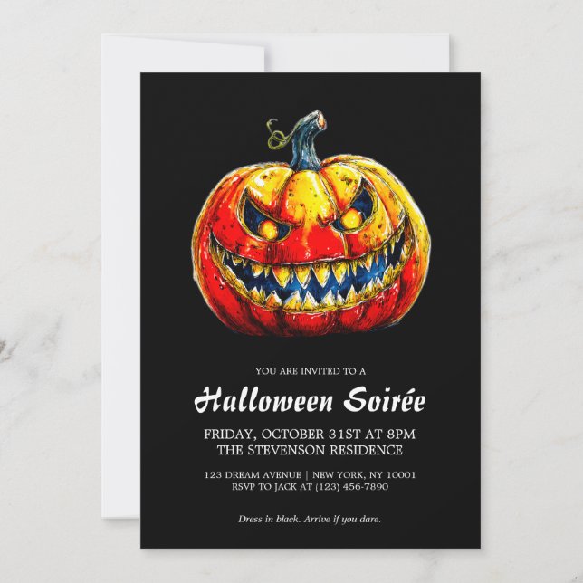 Invitation Elegant Smiling Pumpkin Fiery Halloween Soirée (Devant)