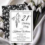 Invitation Elégant Snowdrops 21ème anniversaire fête<br><div class="desc">Elégante snowdrops conception florale du mois de naissance "fête du 21e anniversaire" avec un motif floral en chute de neige avec un motif floral en chute de neige noir et blanc sur le dos.</div>