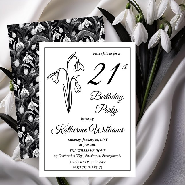 Invitation Elégant Snowdrops 21ème anniversaire fête (Elegant January Birth Month Snowdrops Floral "21st Birthday Party" Invitations -- Print | Download)