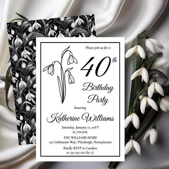 Invitation Elégant Snowdrops 40ème anniversaire (Elegant January Birth Month Snowdrops Floral "40th Birthday Party" Invitations -- Print | Download)