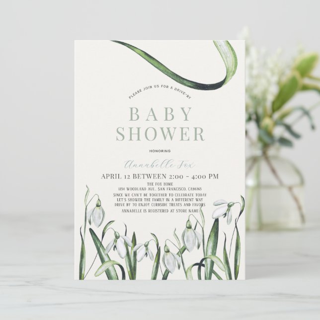 Invitation Elégant Snowdrops Aquarelle Baby shower Drive-by (Debout devant)