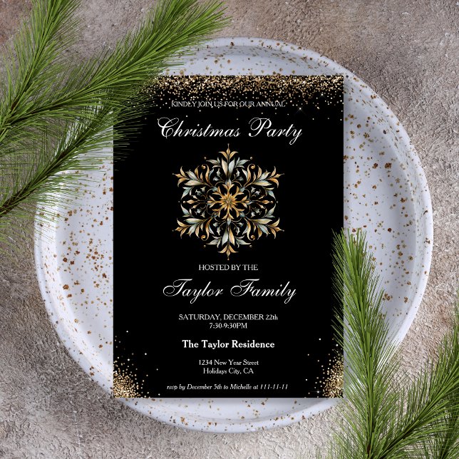 Invitation Élégant Snowflake Corporate Christmas Dinner Party (glitter gold and blue snowflake)