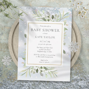 Invitation Élégant Snowflakes hiver Baby shower verdoyant