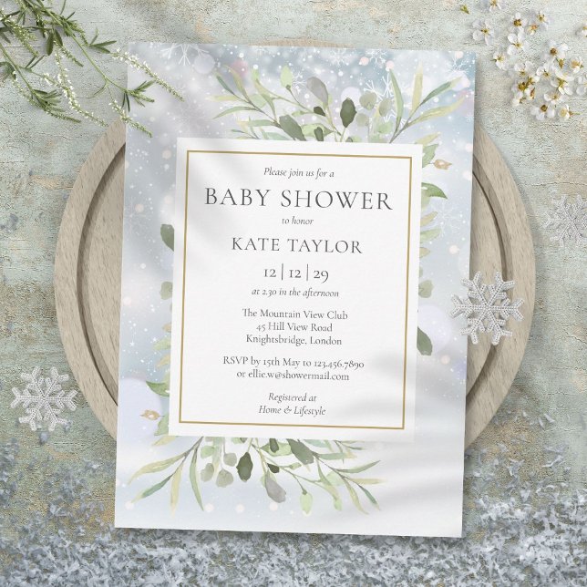 Invitation Élégant Snowflakes hiver Baby shower verdoyant (Elegant Winter Snowflakes Greenery Baby Shower Invitation)
