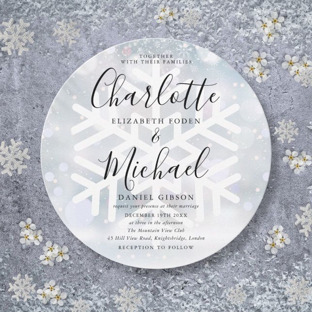Invitation Élégant Snowflakes hiver Mariage circulaire (Elegant Winter Snowflakes Circular Wedding Invitation)