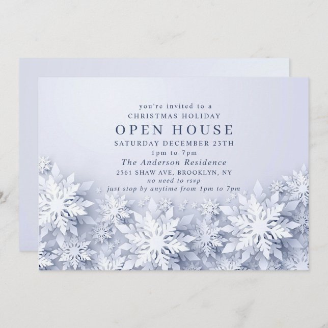 Invitation Élégant Snowflakes Noël VACANCES Open House (Devant / Derrière)