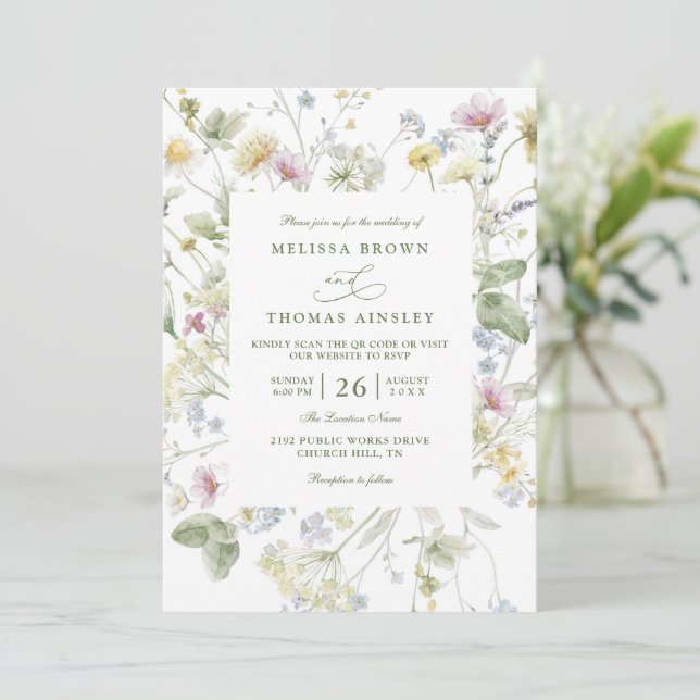 Invitation Elegant Soft Pastel Wildflower QR Code Wedding (Debout devant)
