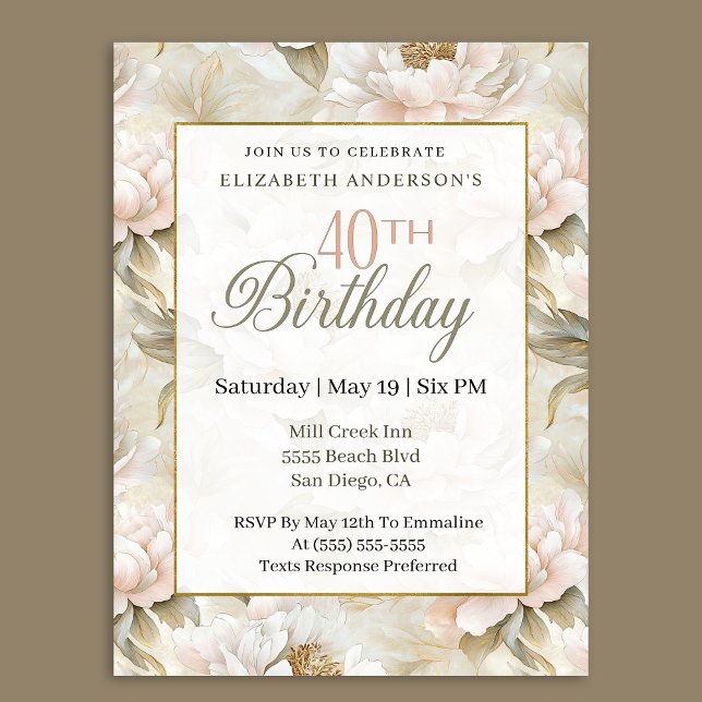 Invitation Elegant Soft Pink Ivory Peony 40th Birthday  (Créateur téléchargé)