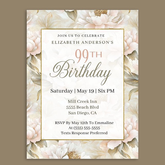 Invitation Elegant Soft Pink Ivory Peony 99th Birthday  (Créateur téléchargé)