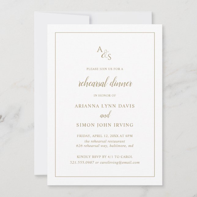 Invitation Élégant Soir Formel Monogramme De Répétition D'Or (Devant)