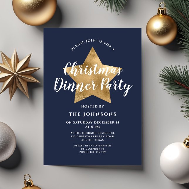Invitation Élégant Soirée de Noël Bleu Nuit Étoile Dorée (Elegant Navy Blue Gold Star Christmas Dinner Party Invitation)