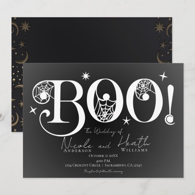 Invitation Élégant sombre BOO noir blanc mariage d'Halloween  (Devant / Derrière)