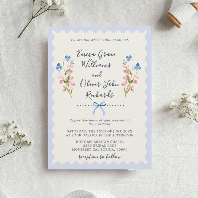 Invitation Elegant Something Blue Floral Bow Garden Wedding (Floral Romantic Garden Wedding Invitation.)