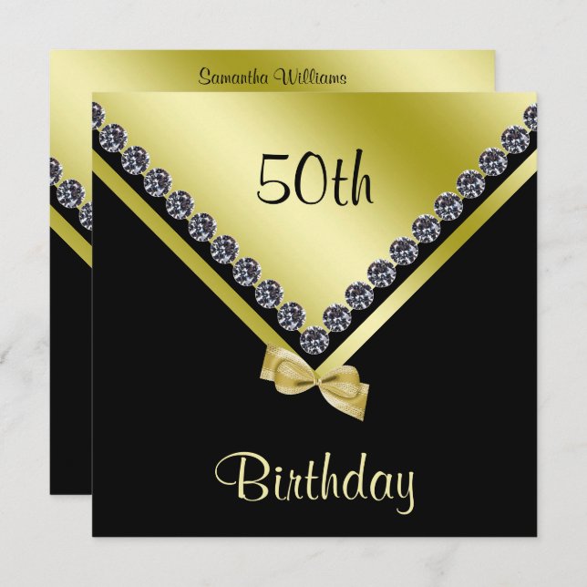 Invitation Elégant Sparkly Diamonds & Gold Bow 50e anniversai (Devant / Derrière)