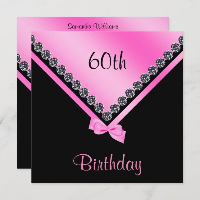 Invitation Elégant Sparkly Diamonds & Pink Bow 60e anniversai (Devant / Derrière)