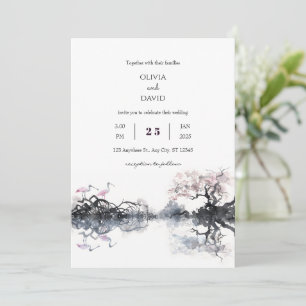 Invitation Elégant Spoonbill Couple Watercolor Plage Mariage