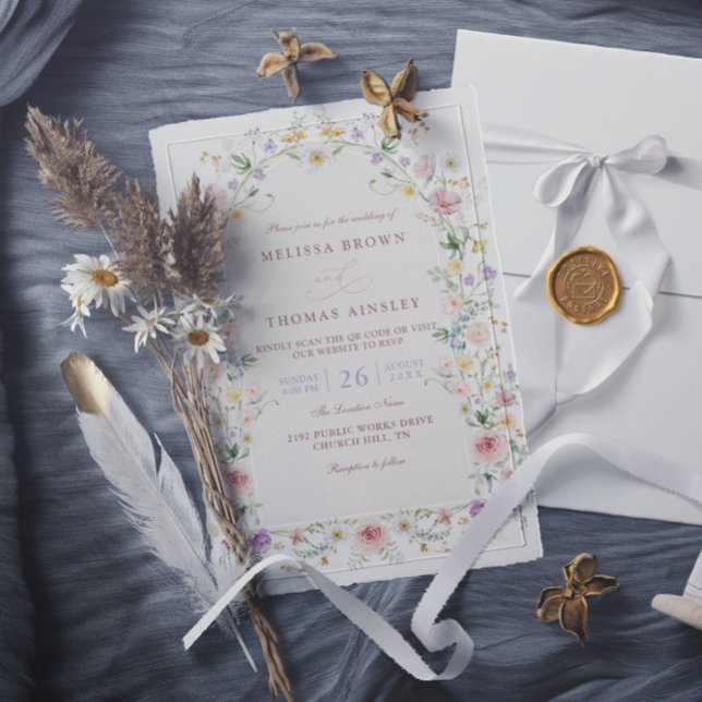 Invitation Elegant Spring Wildflower Meadow QR Code Wedding (Créateur téléchargé)