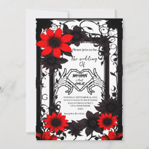 Invitation Élégant squelette gothique rouge et noir mariage