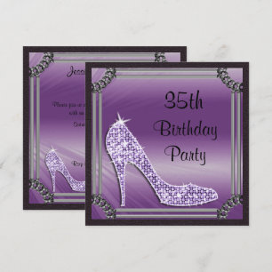 Invitation Élégant Stiletto Lilas Cadre Argent 35e Anniversai