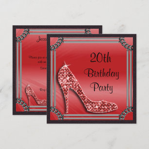 Invitation Élégant Stiletto Rouge Cadre Argent 20e Anniversai