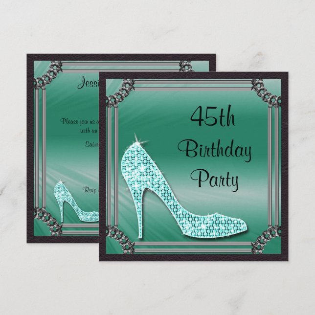 Invitation Élégant Stiletto Sarcelle Cadre Argent 45e Anniver (Devant / Derrière)