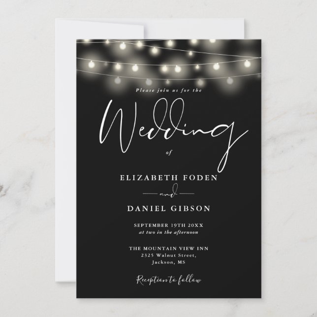Invitation Elegant String Lights Black And White Wedding (Devant)