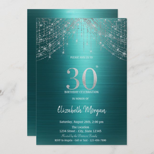 Invitation Elegant String Lights Green Metallic 30th Birthday (Devant / Derrière)