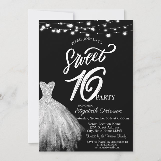 Invitation Élégant String Lights Robe Black Sweet 16 (Devant)