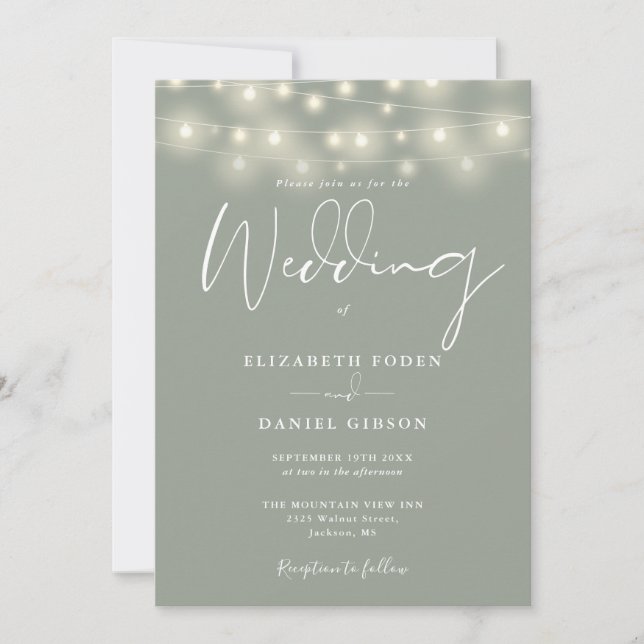 Invitation Elegant String Lights Sage Green Wedding (Devant)