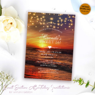 Invitation Élégant String Lights Summer Beach Sweet sixteen