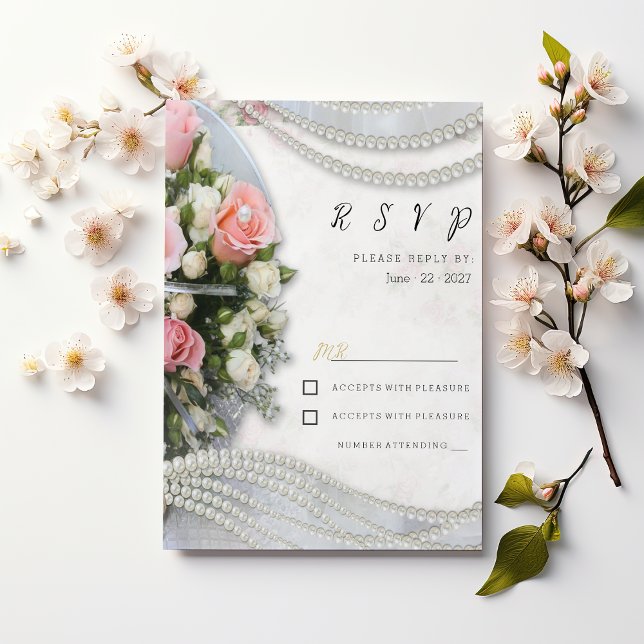 Invitation Élégant style vintage rose blanche perle RSVP (Elegant vintage style pink white rose pearl RSVP)
