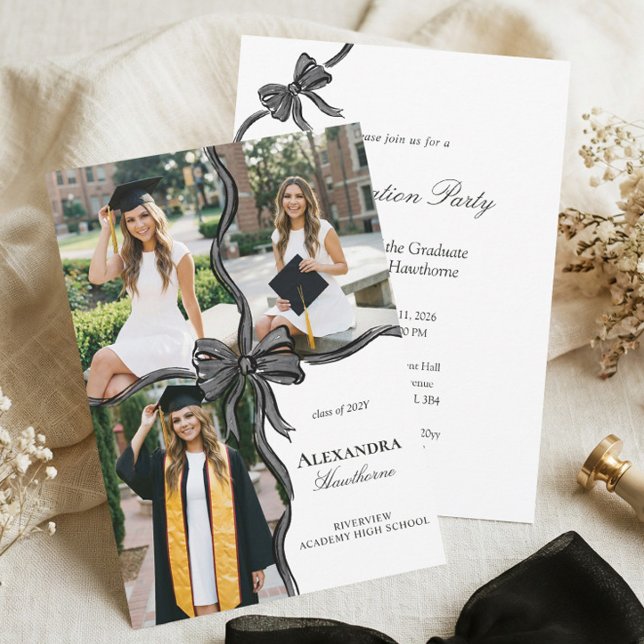 Invitation Elegant Stylish Black Bow Ribbon Photo Graduation (Elegant Stylish Black Bow Ribbon Photo Graduation Invitation)