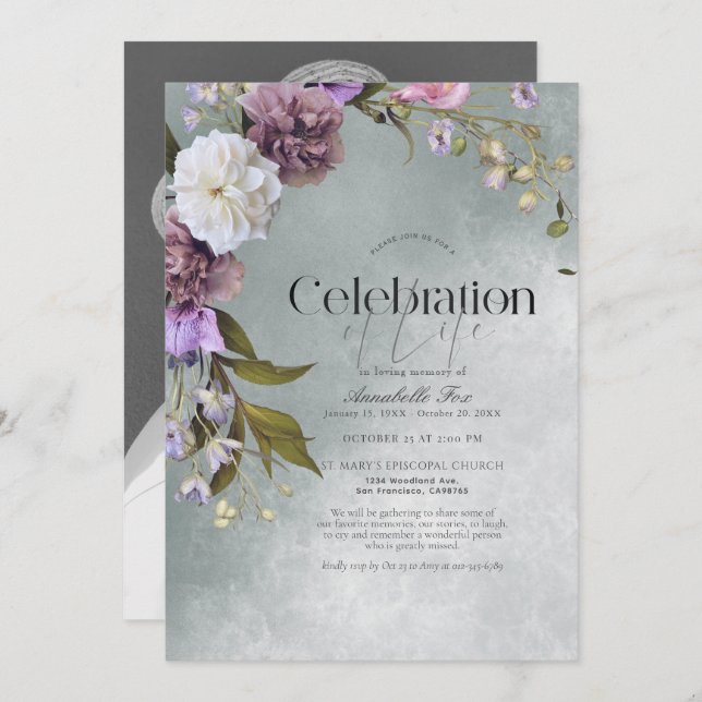 Invitation Élégant subtil Mémorial funéraire Floral Vert (Devant / Derrière)