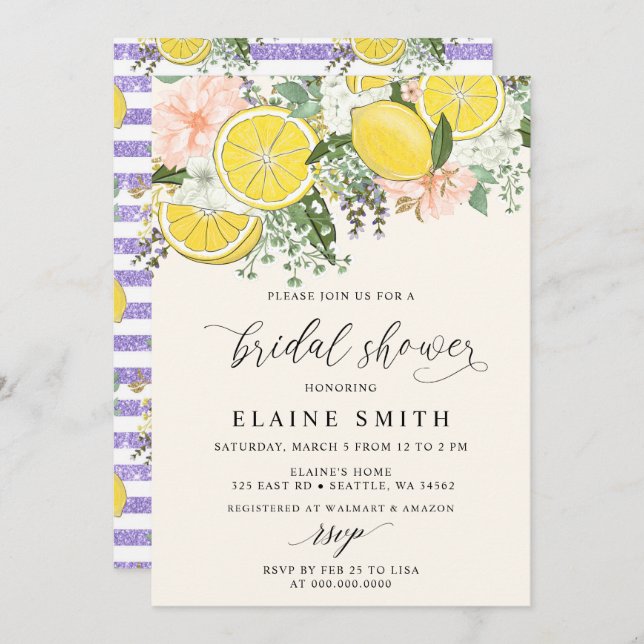 Invitation Elegant Summer Lemon Lime Citrus Bridal Shower  (Devant / Derrière)