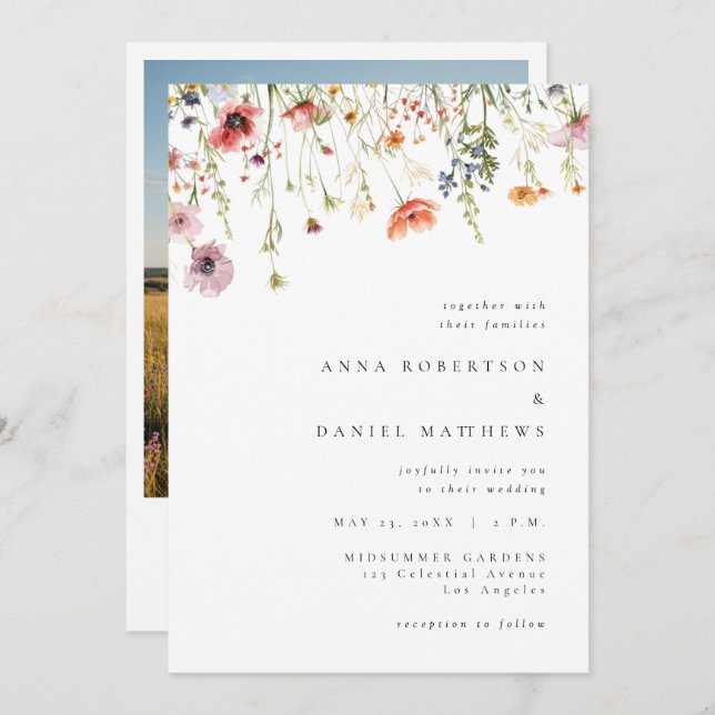 Invitation Elegant Summer Wildflower QR Code Photo Wedding (Devant / Derrière)